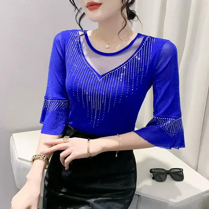 Sexy Patchwork maille t-shirt mince 3/4 manches été femmes haut forage chaud décontracté brillant so