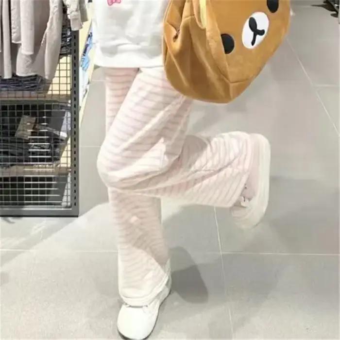Pantalon rayé Y2K pour femmes, mignon, Kawaii, doux, Harajuku, polaire, sport, mode coréenne, survêt