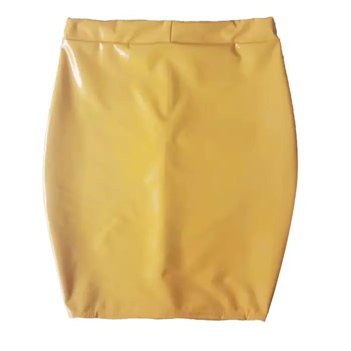 Femmes en cuir PU jupe moulante gothique noir aspect mouillé rouge jaune jupe Midi taille haute dame