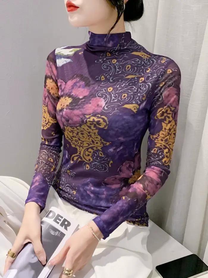 S-4XL femmes automne et hiver à manches longues maille T-shirt femmes positionnement impression fleu