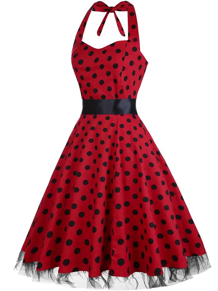 Robe vintage pour femme, style Hepburn, col halter, à pois, élégante, coupe évasée, style années 50,