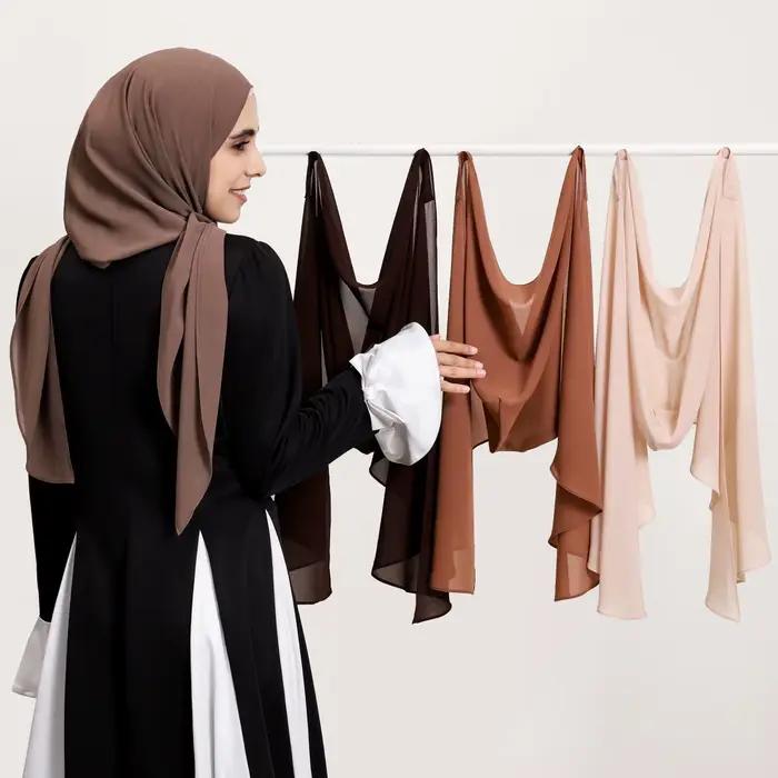 2025 Ramadan femmes solide écharpe intégré magnétique musulman en mousseline de soie Hijab châles tê