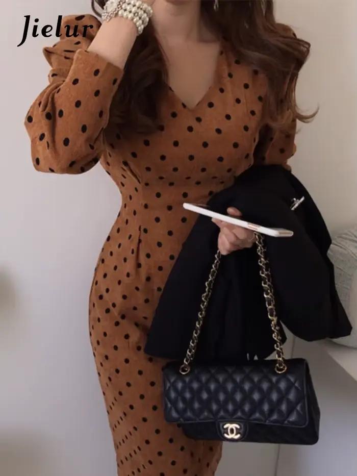 Jielur-Robe en velours côtelé vintage élégante à pois pour femmes, robes mi-longues coréennes à manc