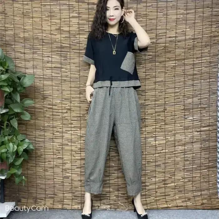 T-shirt et pantalon à carreaux en coton et lin pour femmes, manches courtes, imbibés, gros MM, ensem
