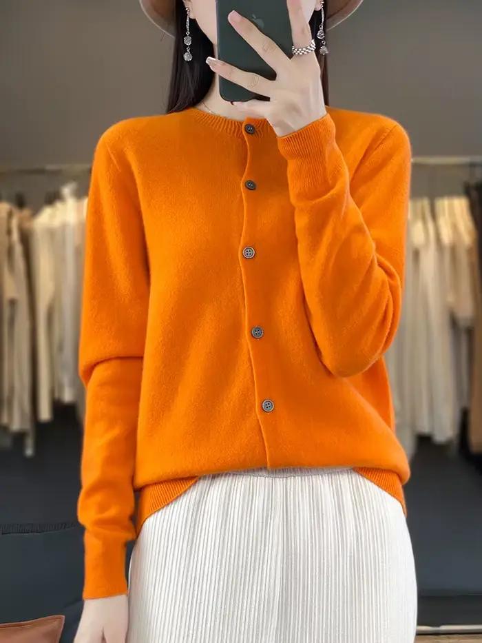 100% laine mérinos pull femmes col rond Cardigan Style basique boutonné tricots femme décontracté au