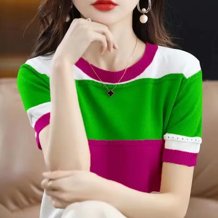 Nouveau T-shirt en soie glacée été 2026, haut rayé à manches courtes pour femme, col rond, couleurs