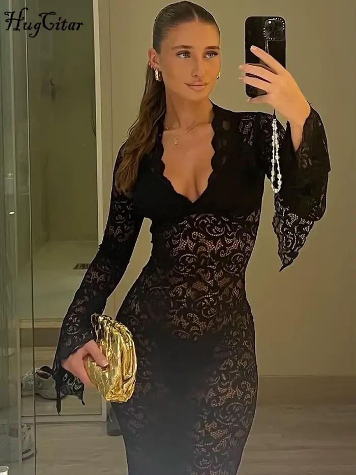 Hugcitar maille imprimé fleuri col en V manches longues évasées Sexy voir à travers Maxi robe printe
