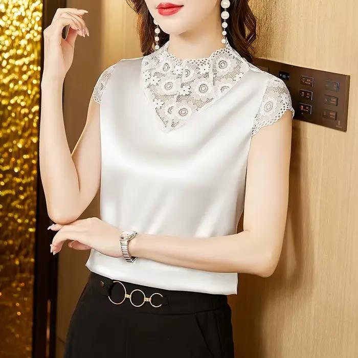 M-4XL Élégant Manches Courtes Dentelle Chemise De Mode Patchwork injSatin précieux Top D'été Casual