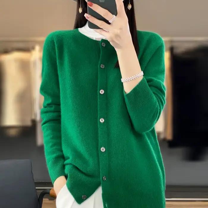 Femmes 100% laine mérinos pull automne hiver col rond première ligne sans couture Cardigan à manches