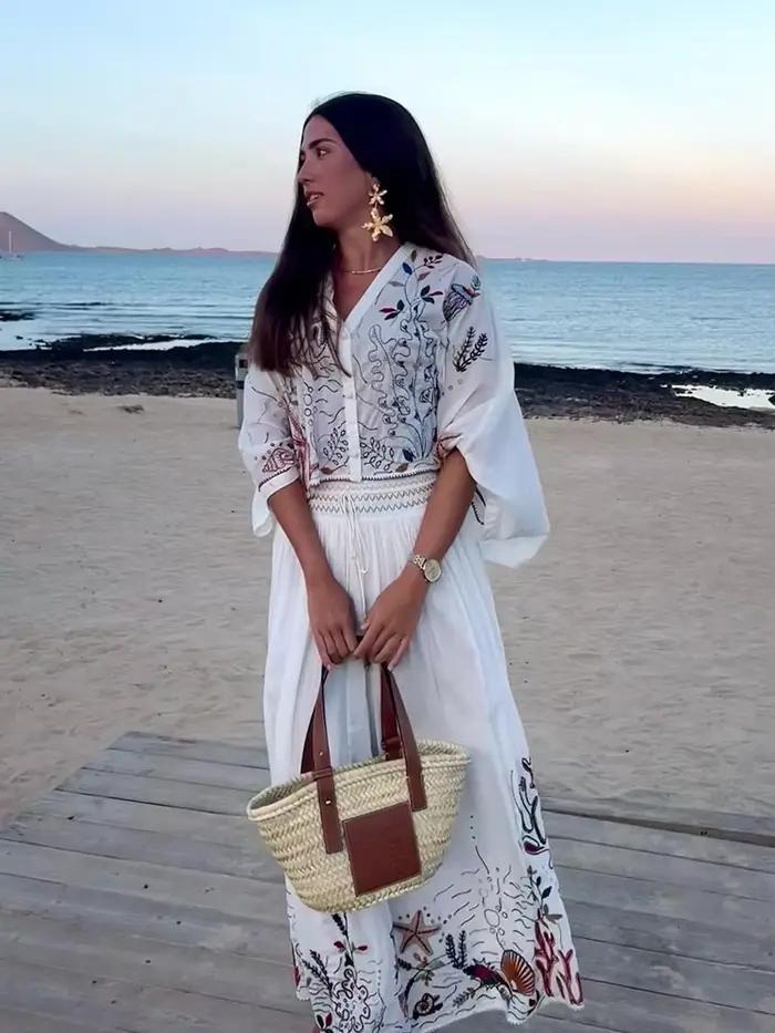 Jupe Maxi Brodée à Manches Chauve-Souris en Coton Blanc, Organisme Marin, Ensemble de Robe à Glands,