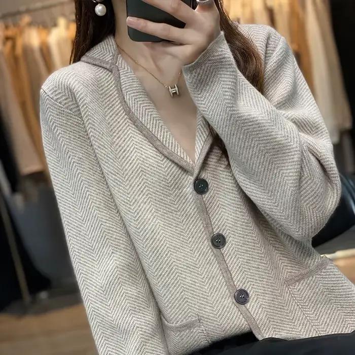 Automne hiver femmes pur cachemire laine costume manteau pull décontracté tricoté col sur mesure Car