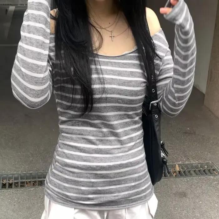 T-Shirt rayé à manches longues pour femmes, nouveaux modèles de base japonais, Slim, sans bretelles,