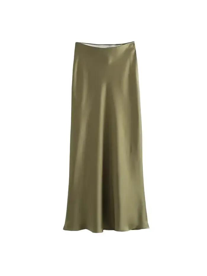 Jupe mi-longue semblable à de soie pour femmes, doux au toucher, taille haute, ceinture élastique, C