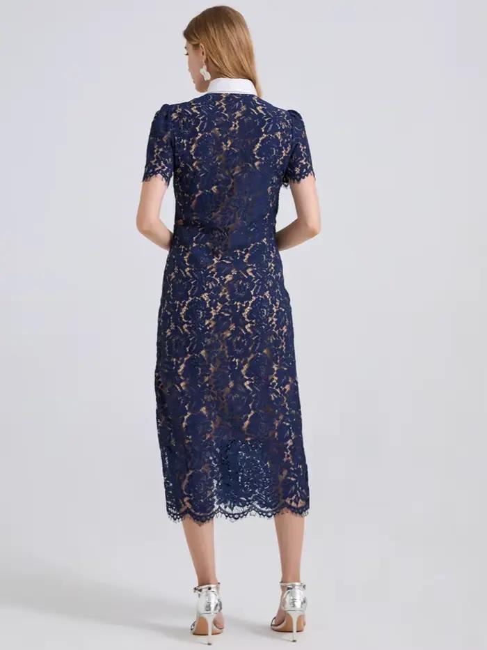 Haut de gamme nouvel été à manches courtes col de poupée dentelle robe creuse femmes taille haute a-