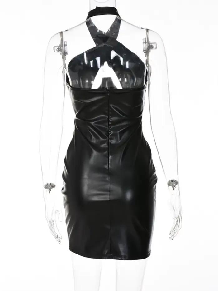 Robe d'été sexy dos nu en cuir noir pour femme 2026, style corset, col licou, pour club et soirée d'