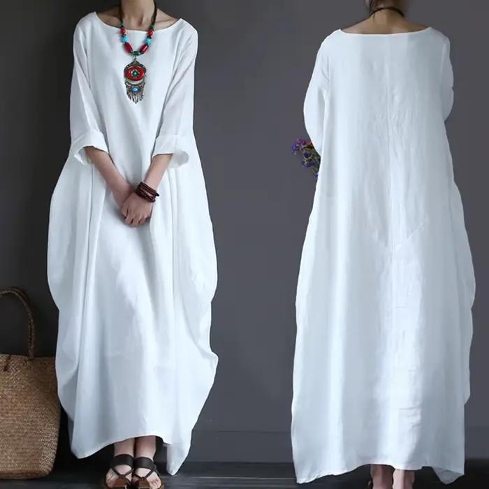 Robe longue en coton et lin pour femmes, mode coréenne, manches longues, col rond, Maxi caftan, Vint