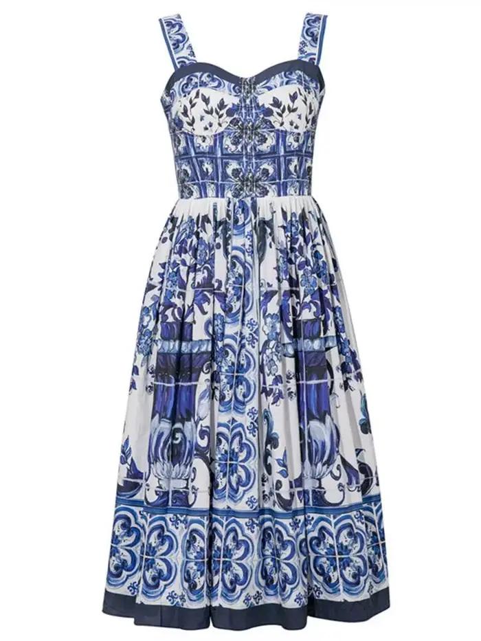 Robe longue d'été JAMERARY à imprimé floral en porcelaine bleue et blanche pour femmes Bretelles Fer