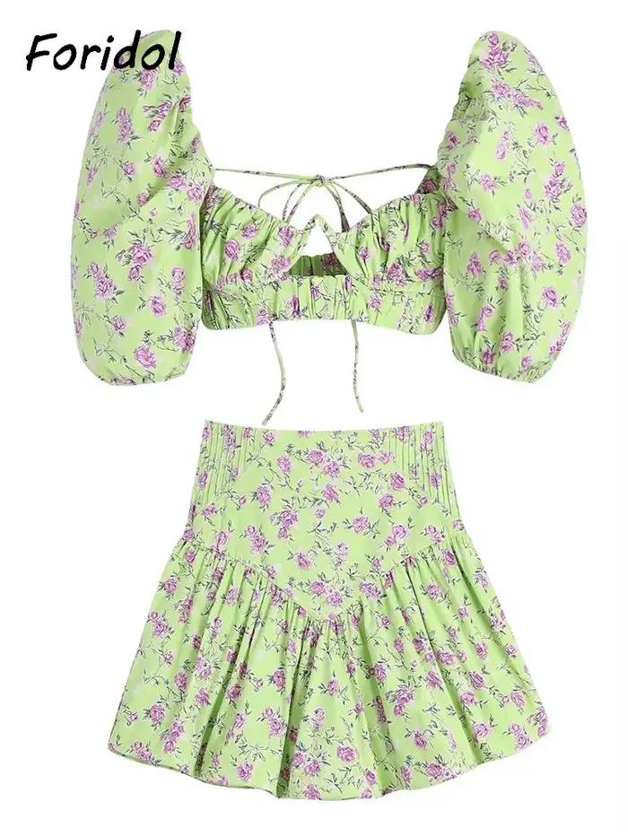 Robe Corset Style français, rose, fleur, vert, ensemble, Mini, Vintage, manches bouffantes, Sexy, co