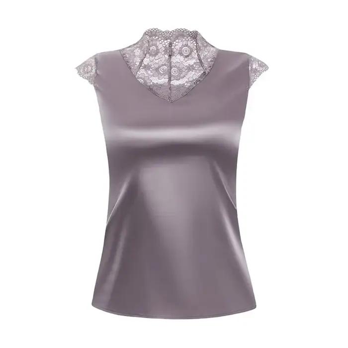 M-4XL Élégant Manches Courtes Dentelle Chemise De Mode Patchwork injSatin précieux Top D'été Casual