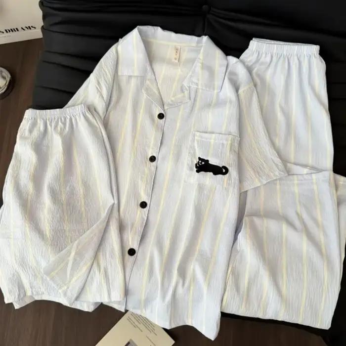 Ensemble pyjama d'été à motif chat, haut à manches courtes et short et pantalon assortis, vêtements