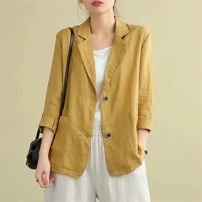 Costumes en coton et lin monochromes pour femmes, blazer fin à manches trois-quarts, veste de protec