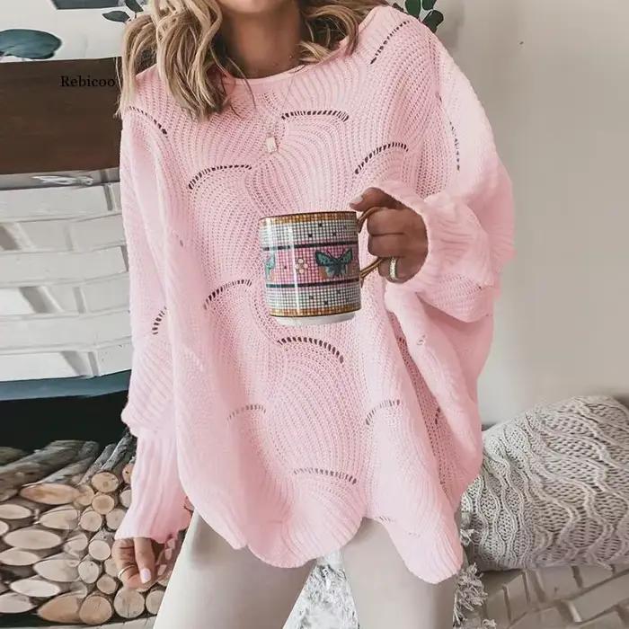 Pull à manches lanternes pour femme, élégant, ample, tricoté, décontracté, col ras du cou, couleur u