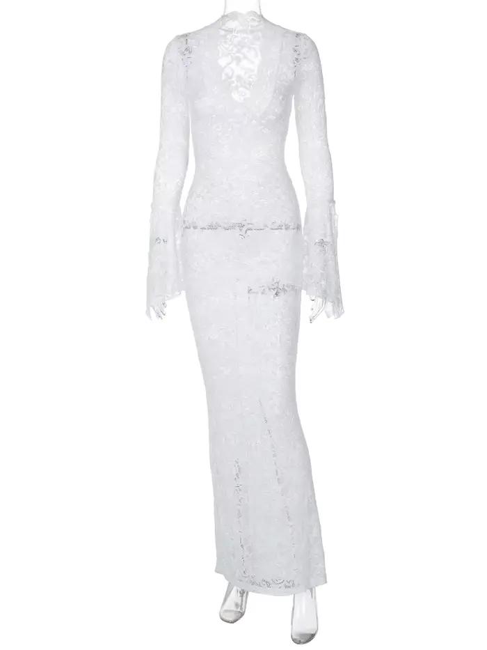 Hugcitar maille imprimé fleuri col en V manches longues évasées Sexy voir à travers Maxi robe printe