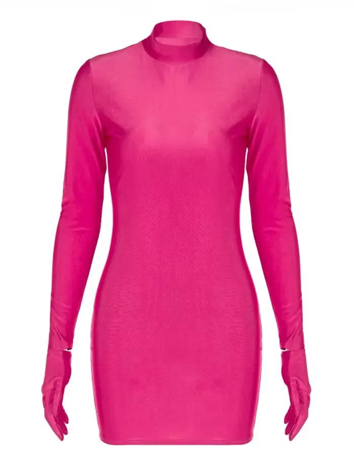 Mini robe moulante à manches longues avec gants, couleur unie, Sexy, Streetwear, tenue de fête, demi