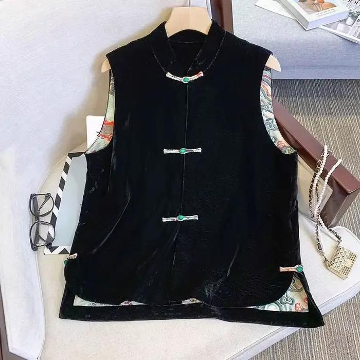 Rongbuk-Manteau Noir à Col Glacé pour Femme, Vêtement de Style Chinois, avec Fente, à la Mode, Autom