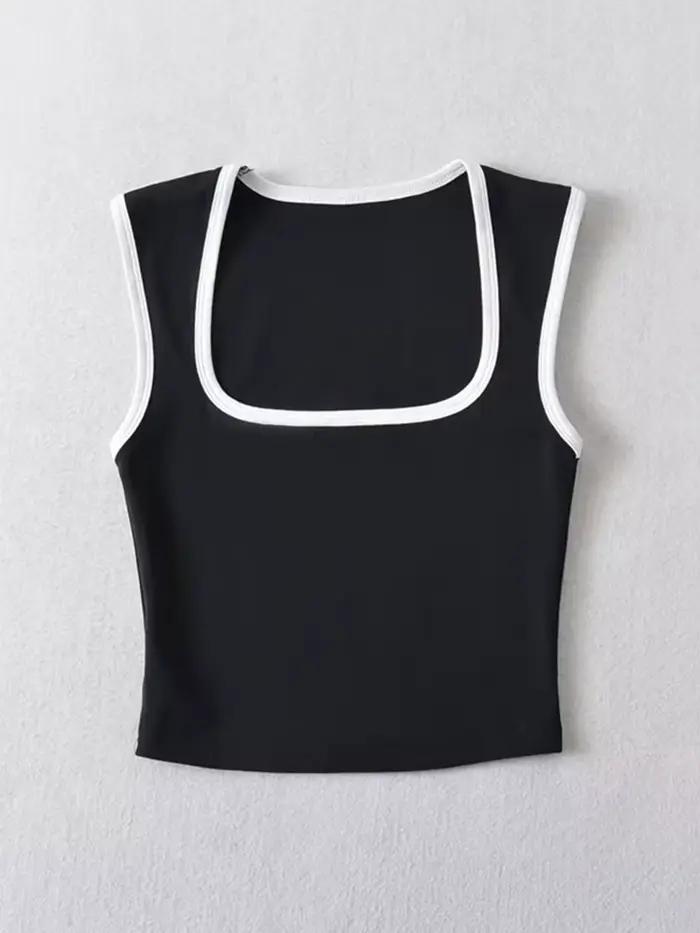 Débardeur sans manches pour femme, Slim, couleur contrastée, décontracté, col carré, haut court, vêt