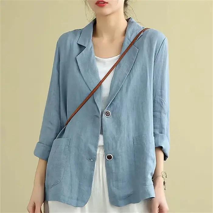 Costumes en coton et lin monochromes pour femmes, blazer fin à manches trois-quarts, veste de protec