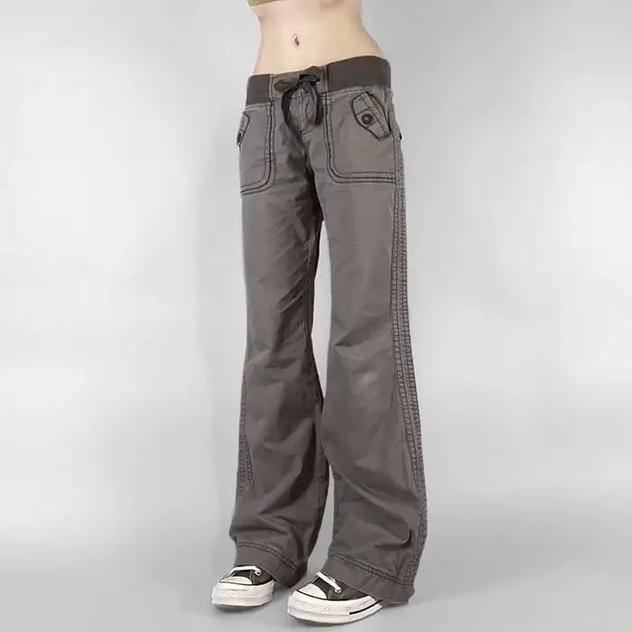 Pantalon rétro à lacets taille basse pour femme, streetwear, patchwork, décontracté, Harajuku, droit