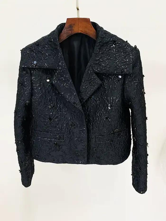 HIGH STREET Nouveauté 2026 Veste de créateur pour femme, style défilé, ornée de perles et de jacquar