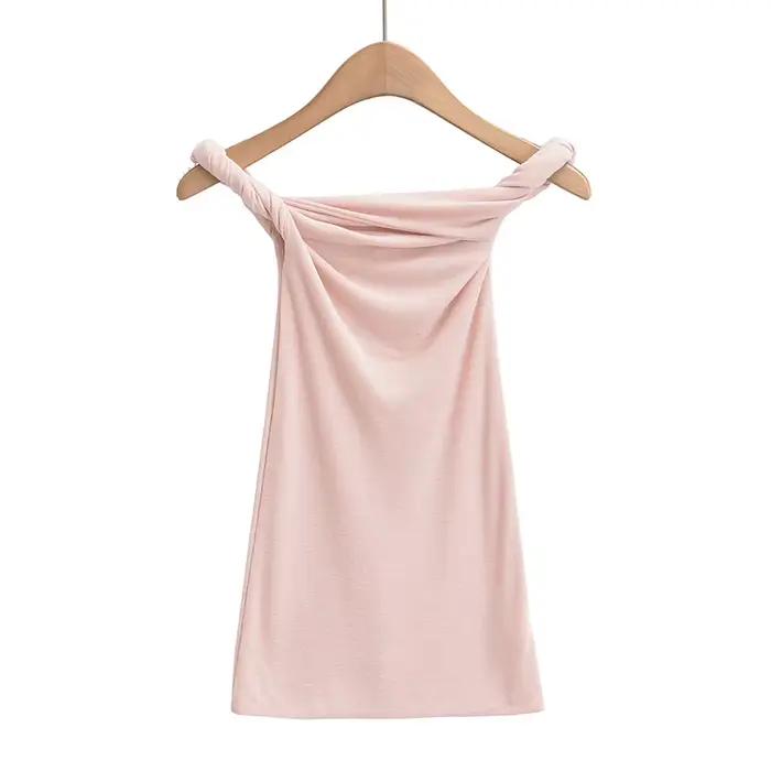 T-shirt à manches courtes et épaules dénudées pour femme, haut froncé, col slash, blanc, rose, kawai