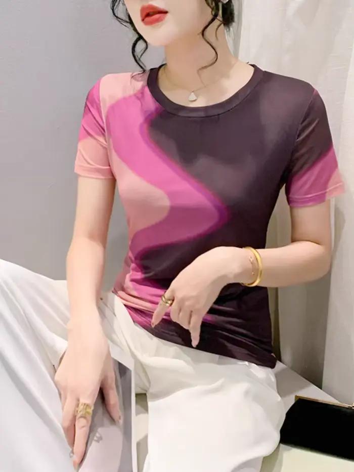 T-shirt à manches courtes et col rond pour femme, haut moulant, élégant, en maille imprimée, été, BH