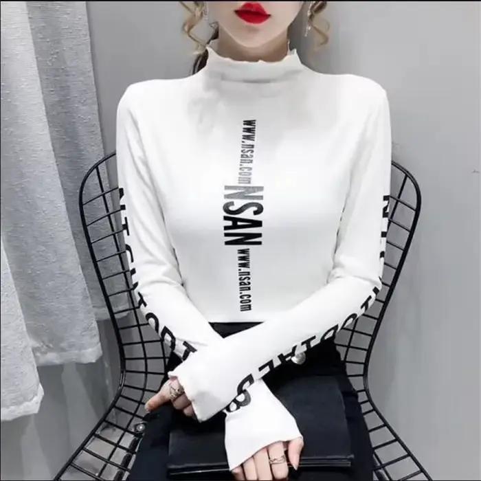 T-shirt à col mi-haut élastique pour Femme, haut chaud avec lettres imprimées, Streetwear, automne h