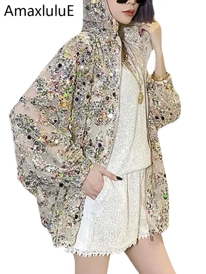 AmaxluluE 2025 été britannique Streetwear dames paillettes à capuche vestes amples femmes Vintage fe