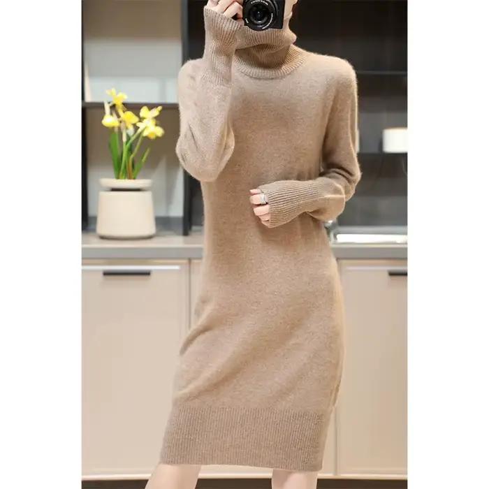 Robe pull en cachemire pour femme, tenue élégante en laine mérinos, col roulé, tricotée, décontracté