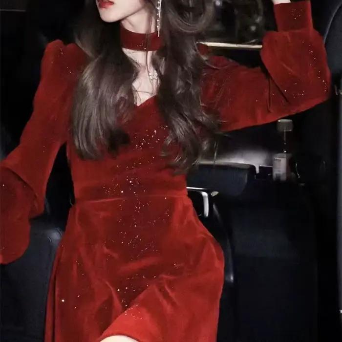 Robe de soirée élégante en velours rouge pour femme, mini robes pour femme, Noël, français, vintage,