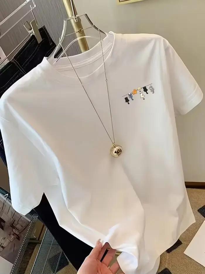 Cat Rope, T-shirt à imprimé chats de dessin animé, manches courtes, col rond, haut décontracté pour