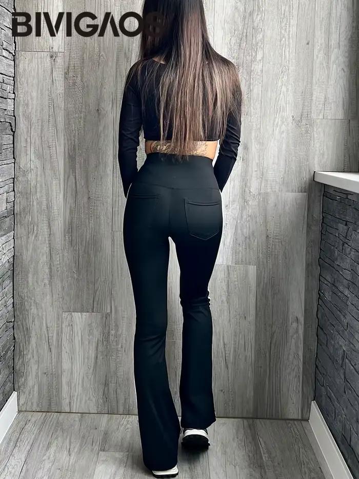 BIVIIncome OS-Pantalon Requin Rayé Noir Micro Évasé pour Femme, Taille Haute, Slim, dehors, Poche, L