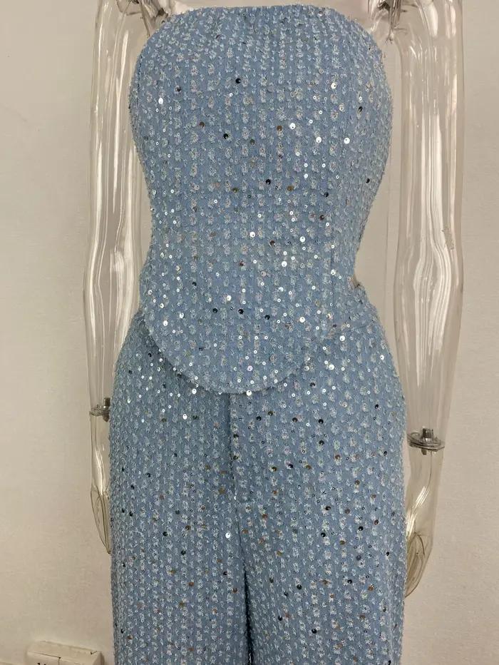 Ensemble en Denim à paillettes pour femmes, tunique sans bretelles, haut court à la taille et pantal