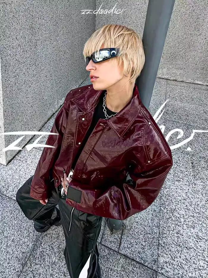 Lautaro automne Cool court surdimensionné veste en cuir Pu femmes épaulettes fermeture éclair de hau