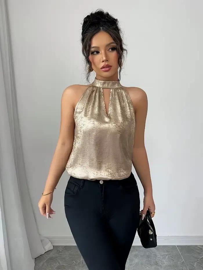 Chemise élégante et sexy pour femmes, couleur champagne dorée brillante, col halter, épaules dénudée