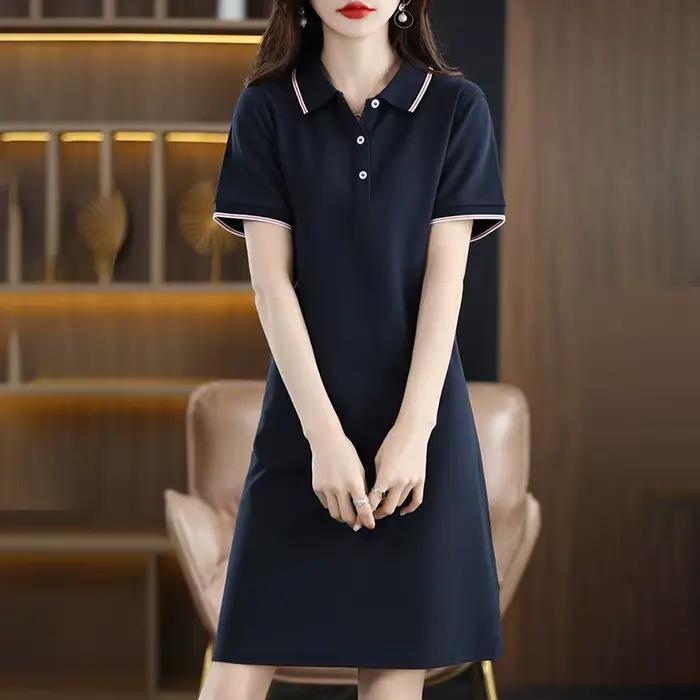 Robe longue à col polo pour femme, 100% coton doux, pull grande taille, pull à manches courtes, robe