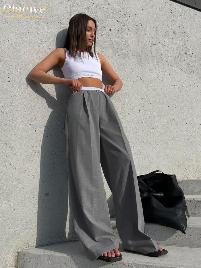 ClacMarkets-Pantalon Gris pour Femme, Taille artificiel astique, Jambes Larges, Mode Décontractée, F