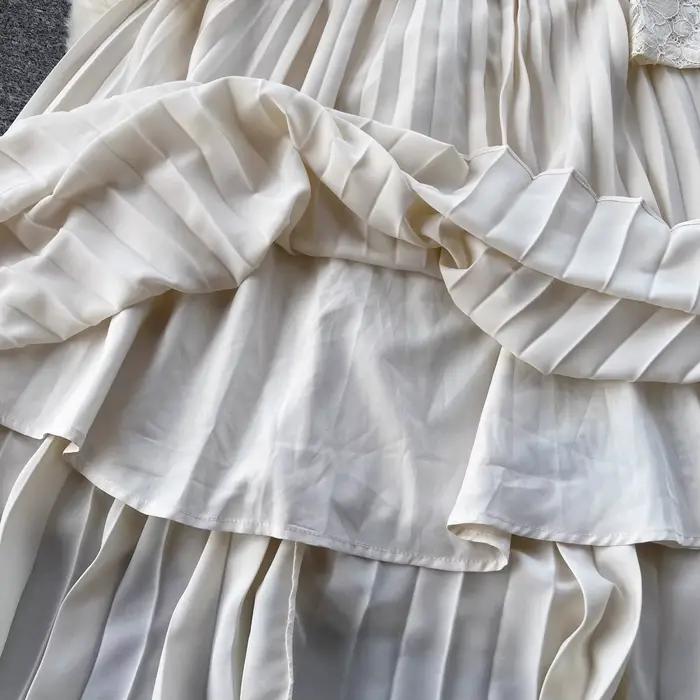 Robe mi-longue en mousseline de soie patchwork de dentelle pour femme, col carré, évider, fleur, cei