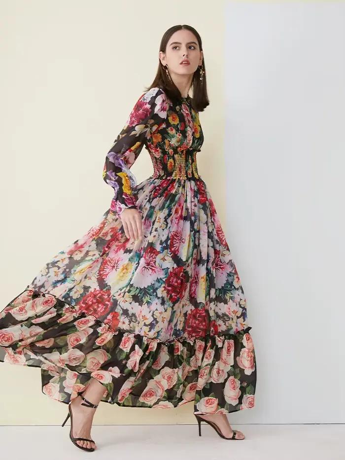 Robe d'été élégante en mousseline de soie pour femmes, imprimé floral, manches longues, col à volant