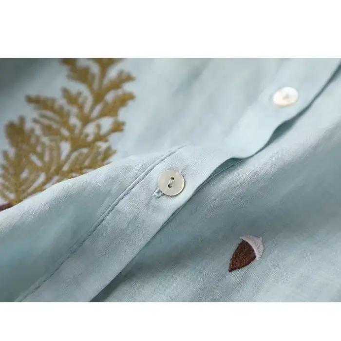 Chemise brodée en lin de coton à sept points pour femmes, haut décontracté à revers, tempérament, ni