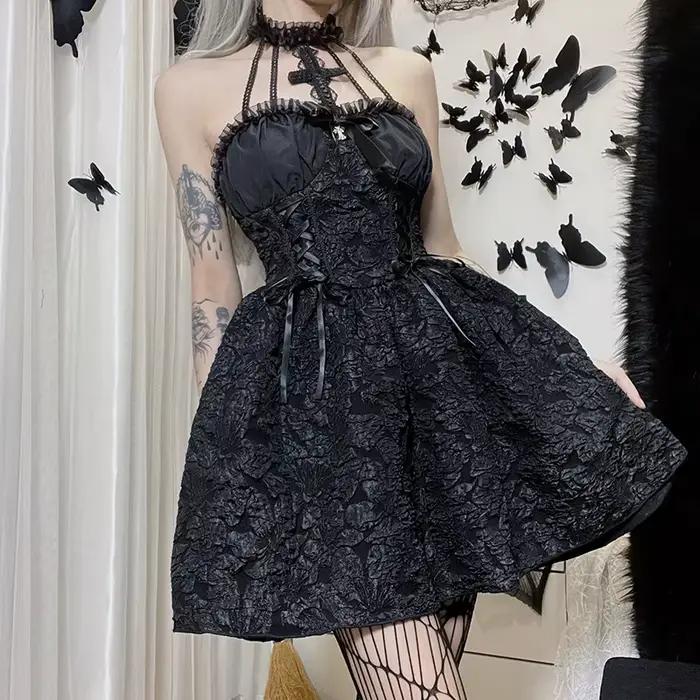 Mini robe gothique noire vintage pour femmes, robes taille haute, bretelles spaghetti sexy, punk gru